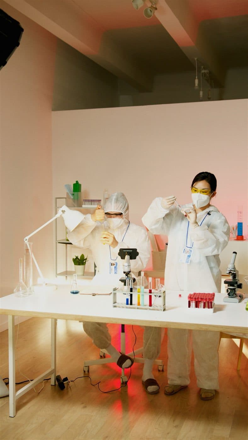 Pesquisadores em laboratório analisam amostras e tubos de ensaio para gerar dados de saúde.